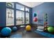 Bright exercise room with blue walls, large windows, exercise balls, mats, and a stretching station at 5467 Vineland Rd # 6110, Orlando, FL 32811