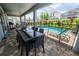 Covered patio with an outdoor dining table and chairs with a view of the screened-in pool and backyard at 9014 Stinger Dr, Davenport, FL 33896