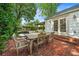 Outdoor patio area with rustic wooden table and chairs, overlooking a peaceful backyard with a pool at 1008 Delaney Park Dr, Orlando, FL 32806