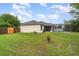 A fenced backyard featuring a lush lawn, a screened-in pool, and an exterior elevation at 2063 Killinger St, Deltona, FL 32738