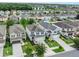 Aerial view of a neighborhood street with manicured lawns, landscaping, and consistent architectural styles at 2620 Waterline St, Kissimmee, FL 34743
