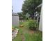 This is a well-maintained backyard showing a shed, a decorative garden, and a mature tree offering ample shade at 4123 Gander Ave, Orlando, FL 32822