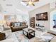 Spacious living room boasts ample seating, skylights, and seamless flow to dining and kitchen areas at 512 Viola Dr, Davenport, FL 33837