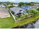 Aerial view of the backyard, pool, trampoline, custom shade, and landscaping at 545 Hardwood Cir, Orlando, FL 32828