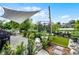 Landscaped backyard with custom shade, seating area, lush plantings, artificial turf, trampoline and white picket fence at 545 Hardwood Cir, Orlando, FL 32828
