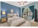 A bedroom with blue walls and a desk by the window, creating a peaceful and functional space at 730 Siena Palm Dr # 201, Celebration, FL 34747