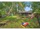 Well-maintained backyard featuring a lush lawn, screened-in porch, and a custom cornhole game for outdoor activities at 7806 Compass Dr, Orlando, FL 32810