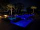 Pool and hot tub with blue lighting, fountains, and palm trees for a relaxing oasis at 15779 Tangerine Dream Ct, Winter Garden, FL 34787