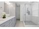 Modern bathroom showcasing a double vanity with gray cabinetry and a glass-enclosed shower at 3281 Saloman Ln, Clermont, FL 34711