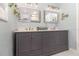 Bathroom with a gray vanity, dual sinks, decorative mirrors, and hanging plants at 7058 Archwood Dr, Orlando, FL 32819