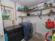 Functional laundry area with modern washer/dryer, storage shelves, and an exterior door at 881 Cedar Cir, Tavares, FL 32778