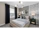 Stylish bedroom with a unique accent wall, comfortable bed, and modern lighting fixtures at 11429 Nona Sound St, Orlando, FL 32832