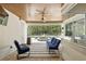 Covered outdoor space with wooden ceilings, comfortable blue seating, overlooking a pool and forested area at 2908 Lee Shore Loop, Orlando, FL 32820