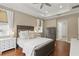 Comfortable main bedroom with tray ceilings, hardwood floors, and neutral paint at 405 Courtlea Park Dr, Winter Garden, FL 34787