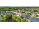 Aerial view showcases a two-story home with a well-manicured lawn and a tranquil pond view at 1113 Fieldstone Cir, Oviedo, FL 32765