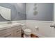 Stylish half-bathroom featuring modern fixtures, wood-look flooring, and chic decor, perfect for guests at 1961 Continental St, St Cloud, FL 34769