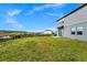 Backyard with a view of a retention pond and a grassy area partially bordered by a black, metal fence at 2222 Derwent Dr, Davenport, FL 33896
