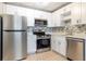 Kitchen featuring stainless steel appliances, white cabinetry, and decorative backsplash at 2627 Oak Park Way # 102, Orlando, FL 32822
