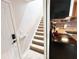 Carpeted staircase near kitchen featuring wooden handrail and white door at 312 W Hull Ave, Oakland, FL 34760