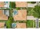 Overhead view capturing neighborhood homes with pools, landscaped yards, and neatly arranged tile roofs at 6426 Montclair Bluff Ln, Windermere, FL 34786