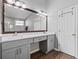 Bathroom featuring double sinks, gray cabinetry, a large mirror, and wood look flooring at 903 Tramells Trl, Kissimmee, FL 34744