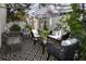 Cozy outdoor patio with stylish black and white patterned rug, seating under a striped umbrella, and lush greenery at 907 Sussex Close # 4, Orlando, FL 32804