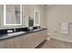 Modern bathroom featuring dual sinks, an illuminated mirror, and wood-look flooring at 17441 Hidden Forest Dr, Clermont, FL 34714