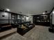 Home theater with tiered seating, screen, projector, and comfy black leather reclining chairs at 6947 Cucamelon Ct, Windermere, FL 34786