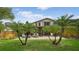 A backyard features palm trees, a patio with lounge seating, and a view of the home's balcony at 830 Oak St, Orlando, FL 32804