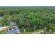 Overhead shot of home nestled within mature landscaping, blue pool, and solar panels at 874 Quarters Ct, Port Orange, FL 32129