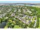 A scenic aerial view featuring a residential community with green landscapes, numerous homes, and beautiful lakes at 15613 Camp Dubois Cres, Winter Garden, FL 34787