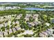 An aerial view showcasing a residential community with single-Gathering homes, lush greenery, and scenic lakes at 15613 Camp Dubois Cres, Winter Garden, FL 34787