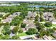 An aerial view of a single-Gathering home in a lush, tree-lined community with a lake in the background at 15613 Camp Dubois Cres, Winter Garden, FL 34787