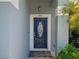 Elegant blue front door with decorative glass and sidelights, enhanced by lush landscaping at 2474 Cimmaron Ash Way, Apopka, FL 32703