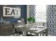 Eat sign over rustic dining room set with decorative blue print curtains at 3005 Namaste Dr, Clermont, FL 34714