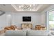 Contemporary living room featuring hardwood floors, a light gray sofa, and modern lighting at 6005 Blue View Way, St Cloud, FL 34771