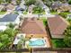 Aerial view of backyard featuring a private pool, fenced yard, and mature trees, perfect for outdoor living at 3224 Holland Dr, Orlando, FL 32825
