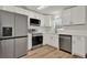 Contemporary kitchen boasts stainless steel appliances, wood-look flooring, and sleek white cabinetry at 324 James Pl, St Cloud, FL 34769