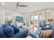 Open living space with wood tile flooring, ocean views, and comfortable blue sofas at 4621 S Atlantic Ave # 7202, Port Orange, FL 32127