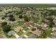 Wide aerial shot showcases a home with a screened pool, nestled in a lush residential area with mature trees and green lawns at 611 Jura Ln, Kissimmee, FL 34759