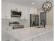Stylish kitchen featuring stainless steel appliances, mosaic backsplash, and a quartz countertop island at 2050 Anne Cir, South Daytona, FL 32119