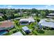 Overhead angle showcasing a home featuring a private screened pool, boat dock, waterway access, and picturesque surroundings at 225 Temple Cir, Eustis, FL 32726