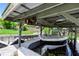 Covered boat lift featuring a boat on a canal with green grass in the background at 225 Temple Cir, Eustis, FL 32726