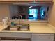 Kitchen showcasing stainless steel sink, counter space, and view into the living room with fireplace at 25210 Northlake Dr # 210, Sanford, FL 32773