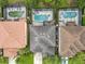 Overhead view of a gray roof and fenced pool, surrounded by neighboring houses and lush greenery at 5255 Wildwood Way, Davenport, FL 33837