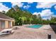 Community pool with plenty of lounge chairs, picnic tables, and surrounded by greenery and blue skies at 9539 Silver Buttonwood St, Orlando, FL 32832