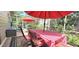 Enjoy outdoor dining on this inviting patio, shielded with cheerful red accents and surrounding greenery at 2922 Burlington Dr, Apopka, FL 32703