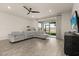 Comfortable living room with hardwood floors, ceiling fan, sliding glass doors, and modern furniture at 3600 Plainview Dr, Orlando, FL 32824
