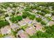 The aerial shot reveals a neighborhood with houses, lush trees, and private swimming pools enclosed with screens at 10001 Newington Dr, Orlando, FL 32836