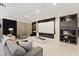 Cozy living room with a large projector screen, fireplace, built-in shelving and comfortable furniture at 14744 Spotted Sandpiper Blvd, Winter Garden, FL 34787